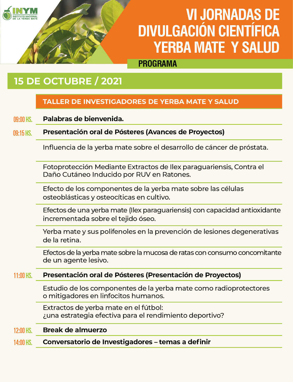programa sexta jornada yerba mate y salud 2021 dia 15 octubre para investigadores.