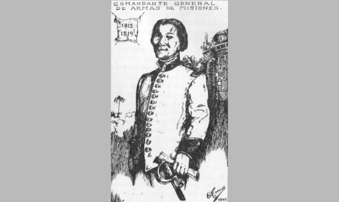 Presunta imagen de Andr&eacute;s Guacurary o Artigas con uniforme de capit&aacute;n de Blandengues. Pluma del artista local Lucas Braulio Areco. 1945. ANDRESITO, EL PERSONAJE IMAGINARIO ORIGINAL. Fotograf&iacute;a publicada en Diario &Euml;poca (17 de enero de 2020).
