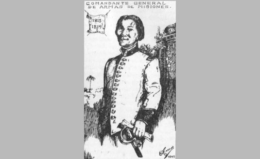 Presunta imagen de Andrés Guacurary o Artigas con uniforme de capitán de Blandengues. Pluma del artista local Lucas Braulio Areco. 1945. ANDRESITO, EL PERSONAJE IMAGINARIO ORIGINAL. Fotografía publicada en Diario Ëpoca (17 de enero de 2020).