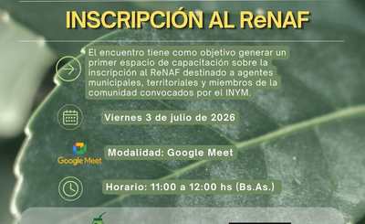 Imagen de El viernes 3 de julio, capacitación on line sobre inscripción y trámites en el Registro Nacional de la Agricultura Familiar (ReNAF) Imagen de El viernes 3 de julio, capacitación on line sobre inscripción y trámites en el Registro Nacional de la Agricultura Familiar (ReNAF)